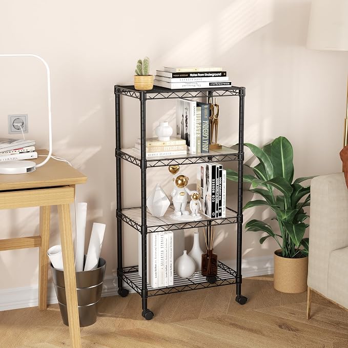 SINGAYE 4 Small Shelves Storage Shelf Wire Shelving Unit Metal Shelf Adjustable Organizers Storage Shelving with Wheels for Bathroom Laundry Room Kitchen Pantry11.5”D x 17.5”W x 30.5”H Black - Image 2