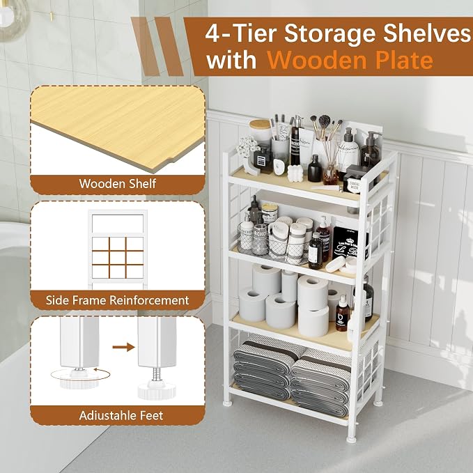 GIOTORENT 4-Tier Pantry Shelves with Wooden Boards, Heavy Duty Storage Shelves & Book Shelf, Adjustable Metal Shelving Unit for Kitchen Bathroom Laundry Organizer, Sturdy Rust-Resistant, White - Image 4