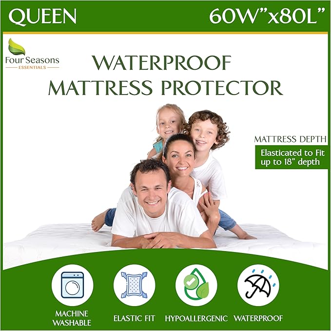 Four Seasons Essentials Queen Size Waterproof Mattress Protector - Cooling Viscose derived from Bamboo Fitted Sheet Mattress Cover - Ultra Soft Quilted Jacquard Pad Protects from Dust Allergens