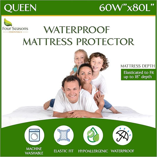Four Seasons Essentials Queen Size Waterproof Mattress Protector - Cooling Viscose derived from Bamboo Fitted Sheet Mattress Cover - Ultra Soft Quilted Jacquard Pad Protects from Dust Allergens