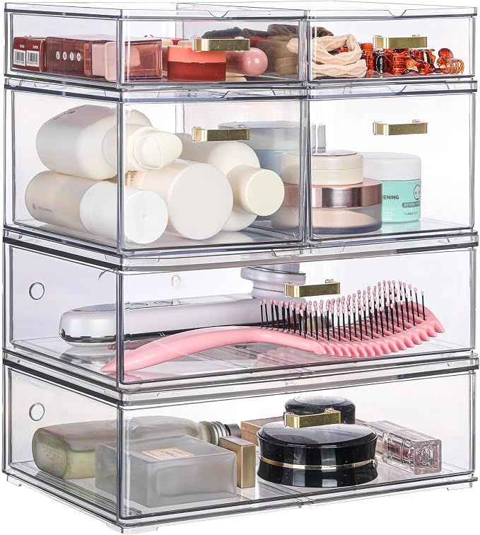 LALOBLUE Stackable Storage Drawers, 6 Pack Clear Acrylic Organizer Bins with Golden Handles, Multi-Size Plastic Drawers for Makeup, Vanity, Kitchen, Bathroom, Office, Pantry Organization and Storage - Image 8