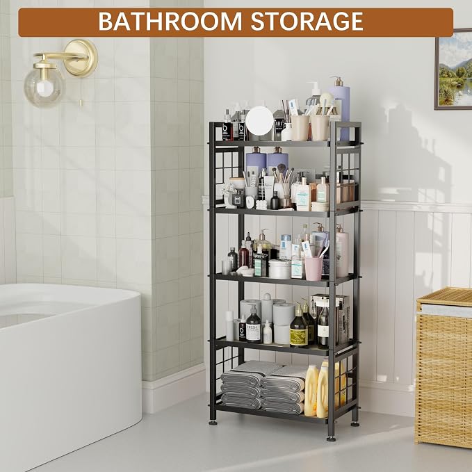 GIOTORENT 5-Tier Kitchen Storage with Wooden Boards, Heavy Duty Storage Shelves & Bookshelf, Adjustable Metal Shelving Unit for Garage Kitchen Bathroom Laundry Organizer, 750LB Capacity, Black - Image 5