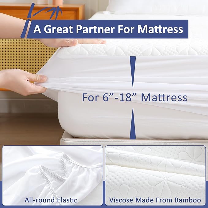 Bamboo Viscose Queen Size Waterproof Mattress Protector, Cooling Mattress Pad Cover for Queen Size Bed, Super Soft Queen Size Mattress Cover for 6-18 inches Mattress, White