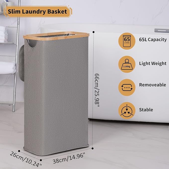 iEGrow 65L Slim Laundry Hamper, Narrow Laundry Basket with Lid,Foldable Clothes Hamper with Bamboo Handles,Hamper Basket with Removable Inner Bag for Laundry Room Bedroom College Dorm,17.17 Gals Grey - Image 2