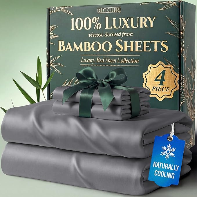 DECOLURE 100% Viscose Derived from Bamboo Sheets Twin Size - Luxury 4 Pc Naturally Cooling Sheets, Ultra Soft Bed Set - Deep 17" Pockets, Durable Double Stitching, Oeko Tex Standard (Midgrey)