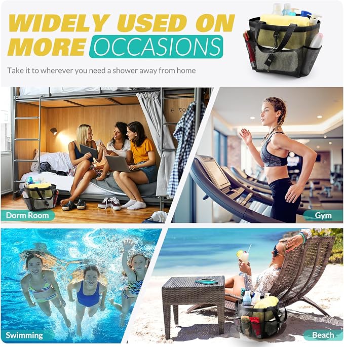 LOYEE Mesh Shower Caddy Portable for College Dorm Room Essentials with 8 Pockets, Shower Bag for Beach, Swimming, Gym, Travel, Bathroom(Black) - Image 7