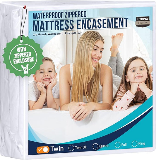 Utopia Bedding Mattress Protector Zippered Twin Size, 100% Waterproof Bed Bug and Dust Mite Proof Mattress Encasement, Absorbent 6 Sided Mattress Cover