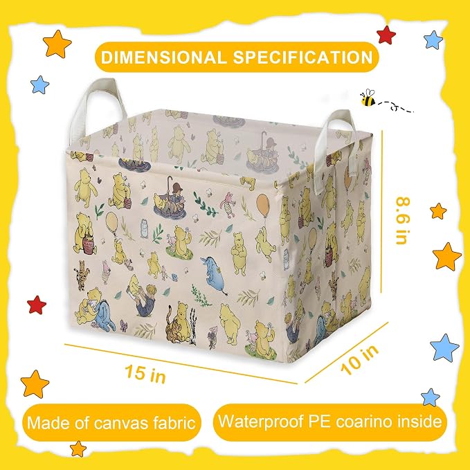 Winnie baby Stuff，Winnie Storage Nursery Basket, Large squarecanvas Laundry Hamper With A Waterproof PECoating, Foldable, Bathroom and Bedroom SetClothes ,Toys Bin, Baby Nursery HamperDecor - Image 2