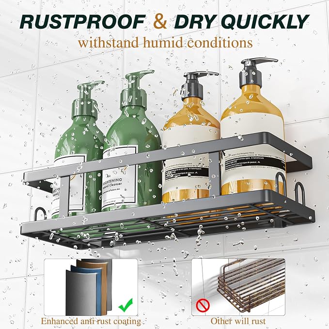 Youvip Adhesive Shower Caddy,Shower Shelves with Soap Holder and 12 Hooks,Rustproof No Drilling Bathroom Organizer and Storage,Black,3 Pack - Image 3