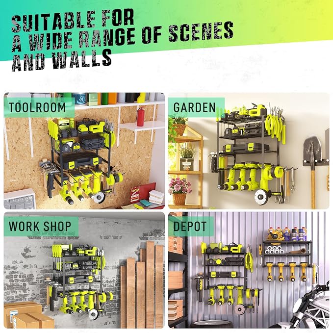 SUNALLY Power Tool Organizer, 4 Drill Holder Wall Mount, Garage Tool Organizer and Storage with Screwdriver Holder, Garage Organization, 4 Layer Cordless Drill Holder with Hammer Holder - Image 5