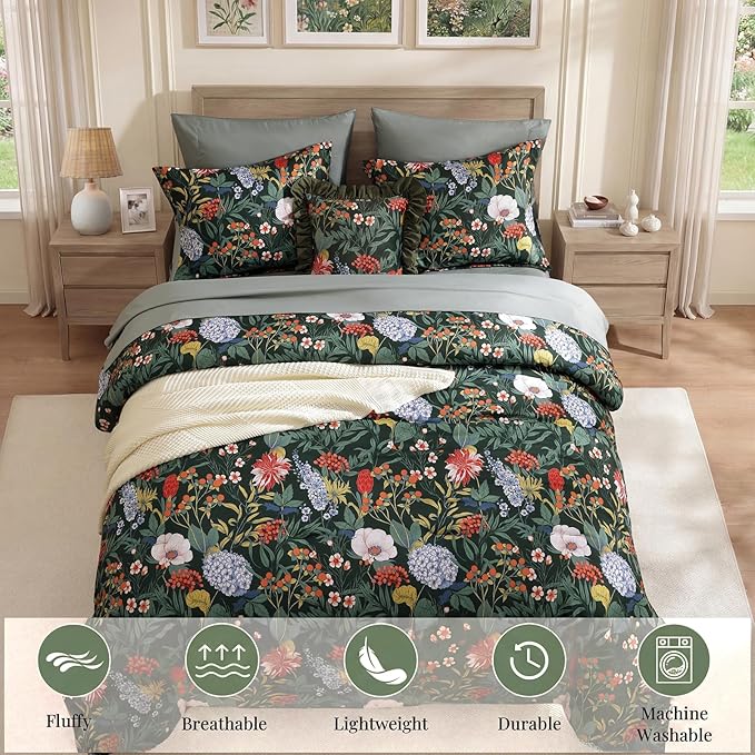 CASAAGUSTO Queen Comforter Set-7 Pieces Green Botanical Floral Bedding, Flowers Printed Design Queen Bed in a Bag with Botanical Flowers Comforter, Sheets, Pillowcases & Shams