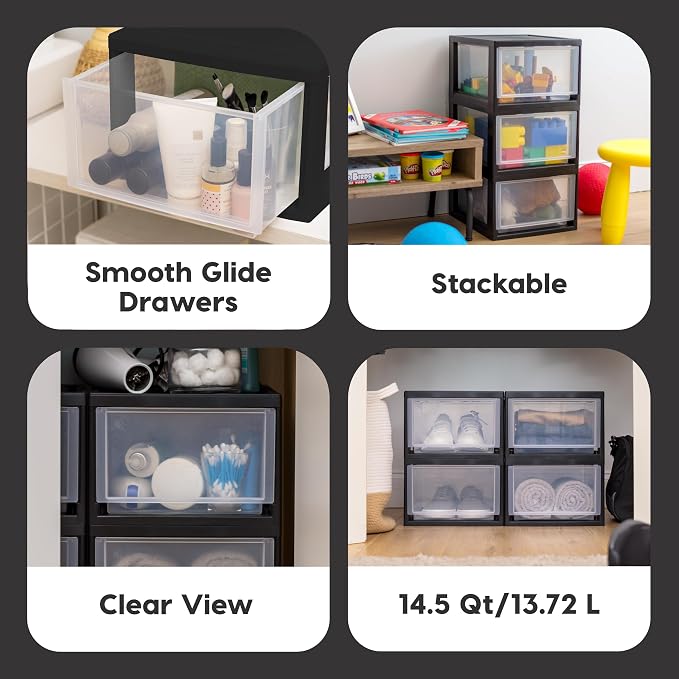 IRIS USA 14.5 Qt. Plastic Drawer Storage Organizer Stacking Drawers, 3-Pack, Stackable Unit with Sliding Drawer for Clothes Bedroom Kitchen Under Sink Pantry Craft Room Bathroom Dorm Office, Black - Image 4