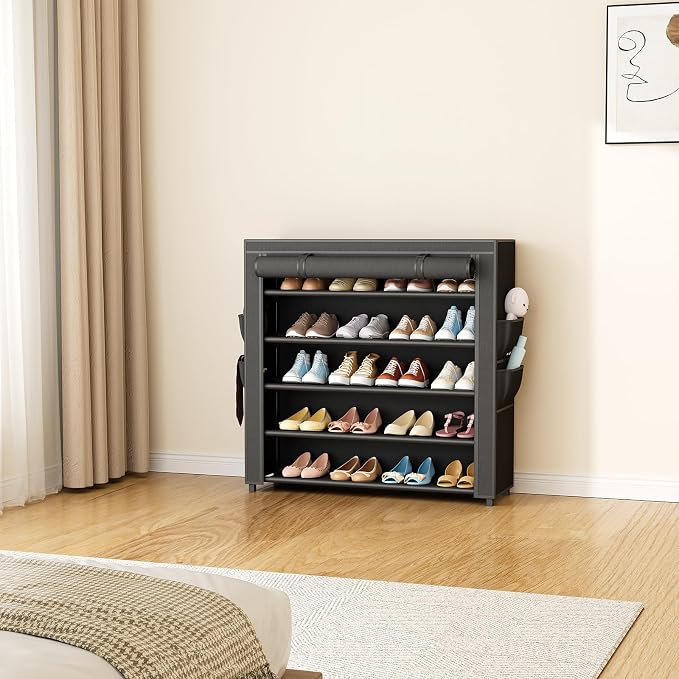 LANTEFUL Shoe Rack with Covers 5 Tier Tall Shoe Rack Organizer Large Capacity Shoe Shelf Storage 20-24 Pairs Space Saving Free Standing Shoe Storage Organizer for Closet, Entryway, Dorm, Black - Image 8