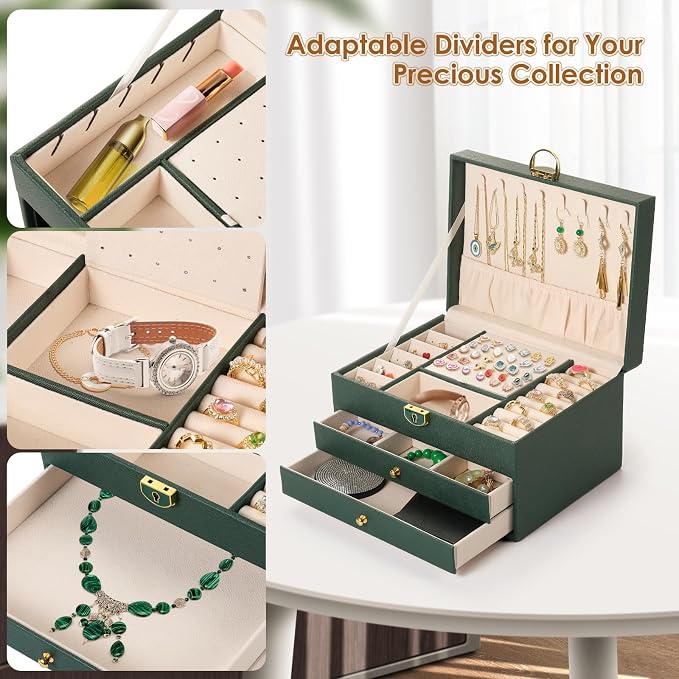 coobest 3 Layer Jewelry Box, Jewelry Holder Organizer with 2 Drawer Tray, Large boxes for Women Velvet Earring Organizer, Lockable & Organizers, Birthday Gifts for Women Mom, Green - Image 6