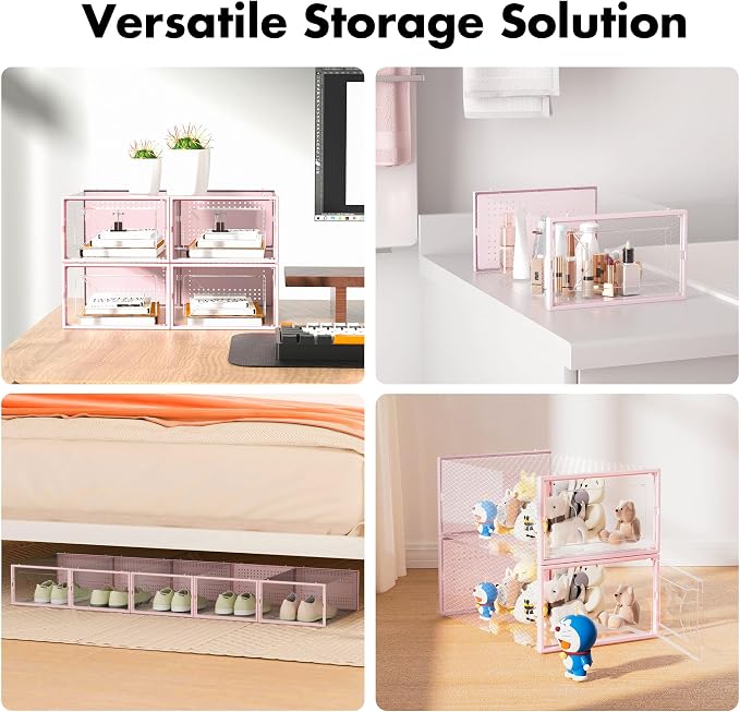 Foluck Shoe Storage Box, 15 Pack Clear Plastic Stackable Shoe Organizer for Closet, Interlocking Design Shoe Container Bins for Sneakers, Foldable Shoe Rack with Lids, Pink - Image 6