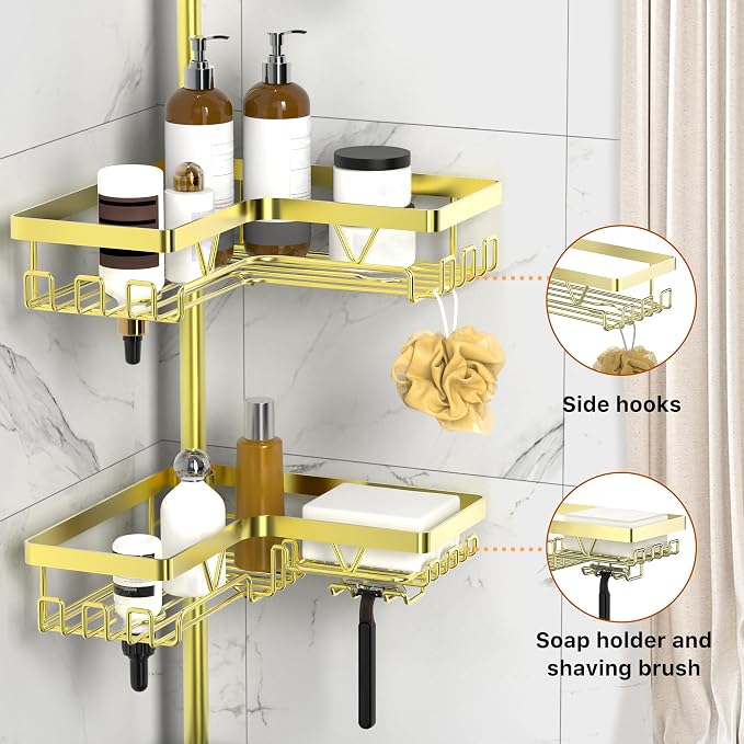 KEGII Corner Gold Shower Caddy Tension Pole - 4-Tier Rustproof Shower Rod Organizer, Floor to Ceiling Tension Rod 25-114.2 inch, Stainless Steel Corner Shower Shelf, Waterproof - Image 3