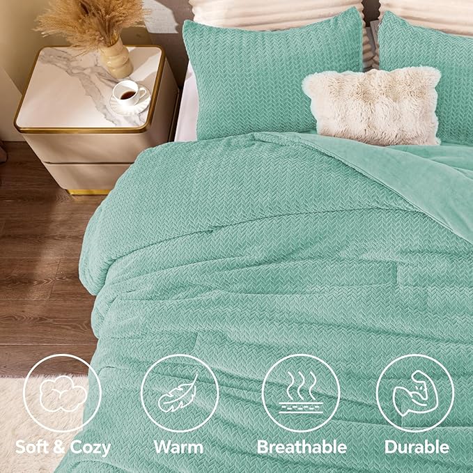 Flannel Fleece Comforter King Set - Furry Eggshell Blue Leaves Pattern Faux Fur Bed Set, Winter Ultra Soft Fuzzy Comfort Set, Velvet Bedding Set for Bed with 2 Pillow Cases