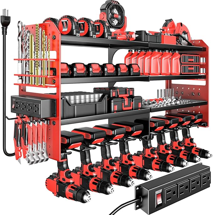 Large Power Tool Organizer Wall Mount with Charging Station, 4 Layer Heavy Duty Metal Cordless Tool Organizer, Tool Storage Rack with 8 Cordless Drill Holder Screwdriver Hammer(Red) by VeyFolzinst