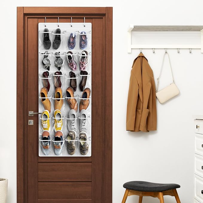 Simple Houseware 24 Pockets Large Clear Pockets Over The Door Hanging Shoe Organizer, White (56" x 22.5") - Image 6