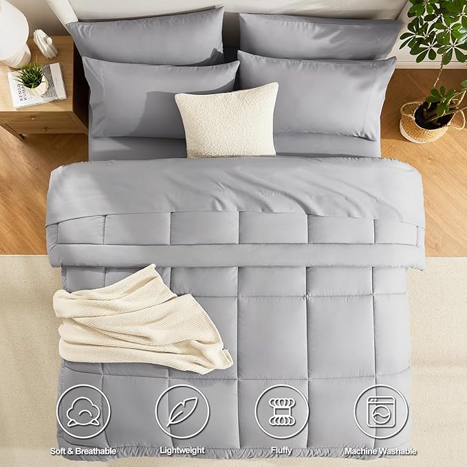 CozyLux Queen Comforter Set Grey, 7 Pieces Bed in a Bag, Gray Comforters Queen Size, All Season Bedding Sets with Stitch Quilted Comforter, Flat Sheet, Fitted Sheet, Pillowcases