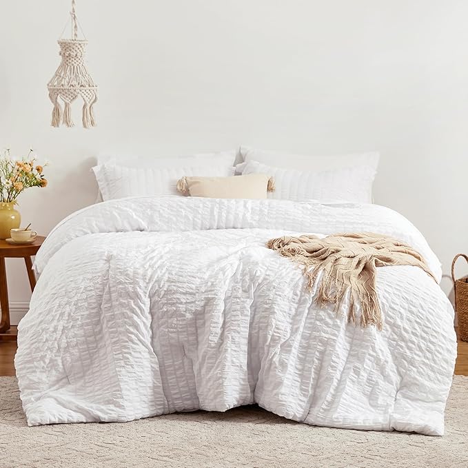 Love's cabin Seersucker White California King Comforter Set, 7-Piece All Season Lightweight Bed in a Bag Bedding Set with Comforter, Flat Sheet, Fitted Sheet, Pillowcases and Shams | Soft, Breathable, Lightweight