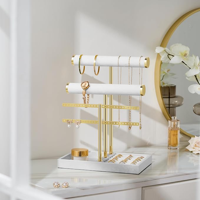 bussdis 3 Tier Bracelet Holder Display - Detachable T Bar White Velvet Bracelet Holder, Jewelry Holder Organizer for Bracelet, Necklace, Earrings, Rings - Image 5