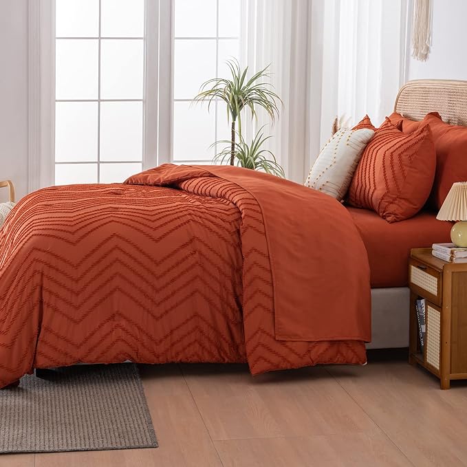 Litanika King Size Comforter Set with Sheets Burnt Orange - 7 Pieces Bed in a Bag King Boho Terracotta Complete Bedding Sets Rust Lightweight Bed Set with Comforter, Sheets, Pillowcases & Shams