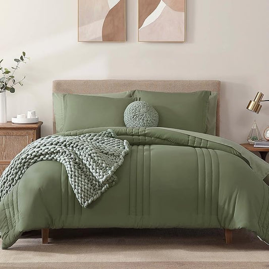 Monbix King Size Comforter Set - 7 Pieces Bed in a Bag King, Light Sage Green Bedding Sets with Comforter, All Seasons Comforter Bed Set with Sheets, Pillowcases & Shams