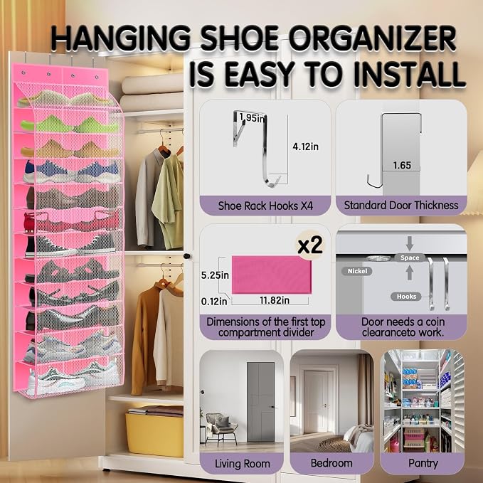 Kotkn Over The Door Shoe Organizer with 12 Large Breathable Pockets - Durable Hanging Storage for the Entire Family's Shoes (Pink) - Image 4