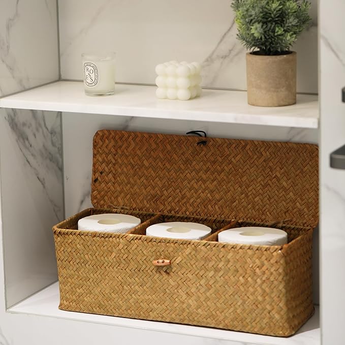 Seagrass Tank Basket with Lid Woven Toilet Roll Storage Basket with Sections Rectangular for Organize Snack Toys Tampon (Large Compartment 16.5inch L x 5.5inch W x 5.5inch H) Natural - Image 7