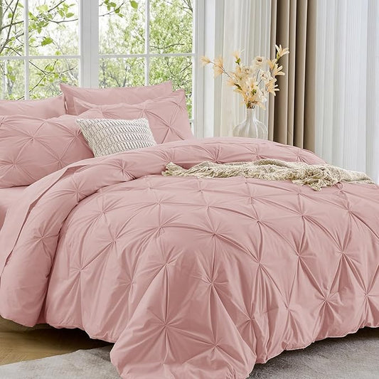 Sasttie King Size Comforter Set, 7-Piece Bed in a Bag, Pintuck Bedding Set for All Season, Includes Comforter, Flat Sheet, Fitted Sheet, Pillowcases and Pillowshams, Rose Gold
