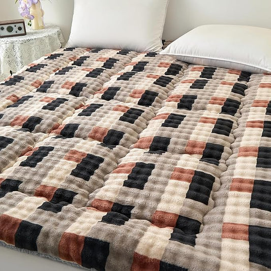 Twin Mattress Pad 39 x 75 inches, Warm Thicken Velvet Mattress Topper Twin Protector with 4 Elastic Band, Suitable for Mattresses up to 15 inches Thick Washable, Gray-Brown Grid