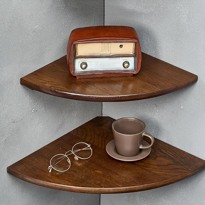 Corner Shelves, Floating Corner Shelf, Set of 2 12inch Solid Oak Wood Corner Wall Shelves, Round End with Wire Hole for Small Plant for Bedroom Kitchen, Living Room by Coamily