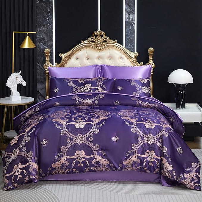 Purple Jacquard Comforter King Bedding with Satin Sheet Set Royal Embroidery Neoclassical Floral Home Decor Soft Luxury Hotel Bed in a Bag 8 Pcs