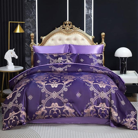 Purple Jacquard Comforter King Bedding with Satin Sheet Set Royal Embroidery Neoclassical Floral Home Decor Soft Luxury Hotel Bed in a Bag 8 Pcs