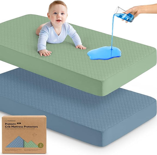 2-Pack Waterproof Crib Mattress Protector Cover Fitted - Quiet Baby Crib Mattress Pad Sheets, 52" x 28" Soft Quilted Cotton Baby Sheet, Machine Washable, Easy Fit, Durable (Lagoon/Quin)