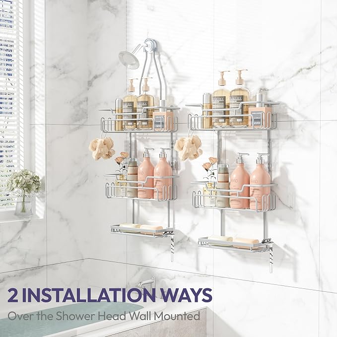 SWTYMIKI Bathroom Shower Caddy Hanging - 3 Tier Rustproof Over Shower Head Organizer, No Drilling Bathroom Shelf with 16 Hooks & Soap Holder, Anti-Swing Rack for Shampoo,Sponge,Towel, Silver, Medium - Image 2