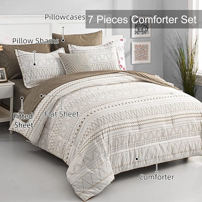 WONGS BEDDING 7 Pieces Brown Comforter Set King Size,Boho Bed in a Bag Geometric Stripe Comforter Reversible Soft Microfiber Bedding Set with Pillowcases & Shams,Flat Sheet,Fitted Sheet