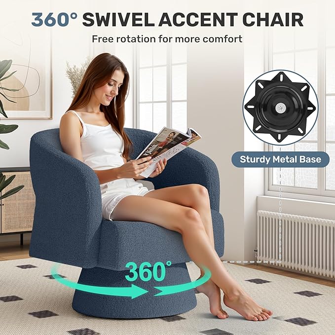 Nebuaegis Swivel Accent Chair, Modern Comfy Teddy Barrel Chairs, Oversized Upholstered Round Arm Chair for Living Room, Bedroom, Reading Room, Blue, 1 PCS
