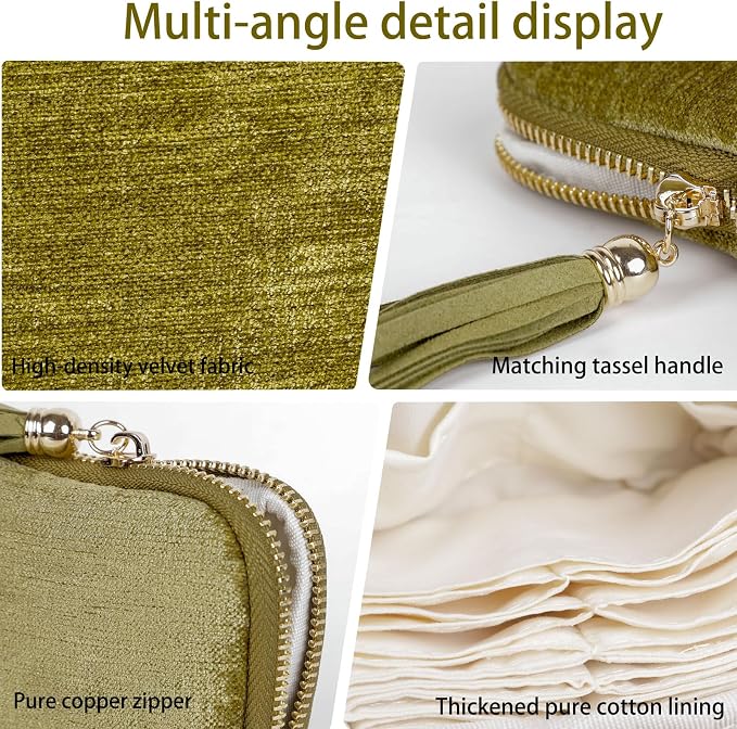ASINGYER Travel Jewelry Storage Bag for Women, Velvet Portable Jewelry Organizer with Tassel Zipper, Small Pouches for Bracelets Necklaces Rings Earrings, Wedding Gift for Women (Green) - Image 5
