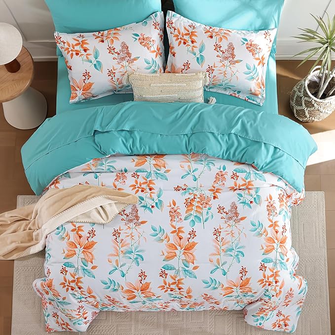 Cottolester Queen Comforter Set- 7 Pieces Floral Comforter Bed in A Bag,Coral Botanical Comforter Set with Pillowcases,Soft Microfiber Complete Bedding Sets for All Season