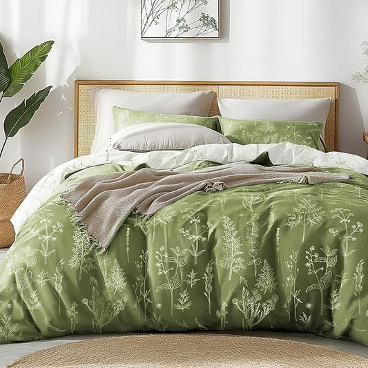 Love's cabin Olive Green Queen Comforter Set - Queen Size Comforter Set, 3 Pieces Cute Floral Bedding Sets for All Seasons,1 Soft Reversible Botanical Flowers Comforter and 2 Pillow Shams