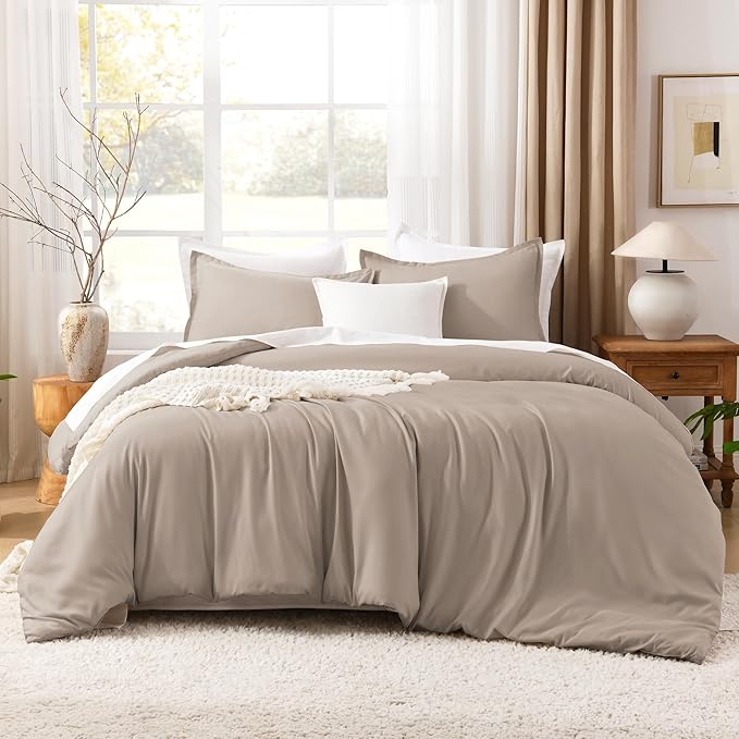 Litanika Light Coffee Comforter King Size, 3 Pieces Lightweight Solid Bedding Comforter Set, All Season Fluffy Bed Set