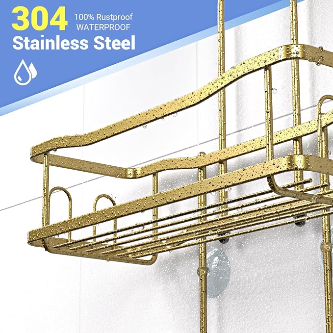 Aitatty Hanging Shower Caddy Bathroom Organizer: Rustproof Shower Shelf Racks Over Shower Head - No Drilling Inside Bath Shower Rack Shelves Over Showerhead for Shampoo with Soap Holder Gold - Image 3