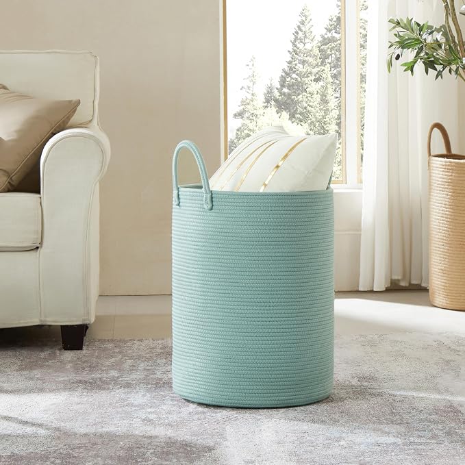 15Dx20H Inches Tall Green Cotton Rope Laundry Hamper Woven Basket for Clothes Blanket Storage in Bedroom Living Room for Baby Nursery Kids Toys Organize 62L Large Capacity - Image 6