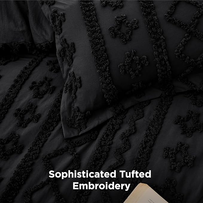 Bedsure Tufted Boho Comforter Set Oversized King - Black Boho Bed Set, GentleSoft™ 3 Pieces Farmhouse Shabby Chic Embroidery Bedding, Gifts for Woman, Soft Jacquard Comforter for All Seasons