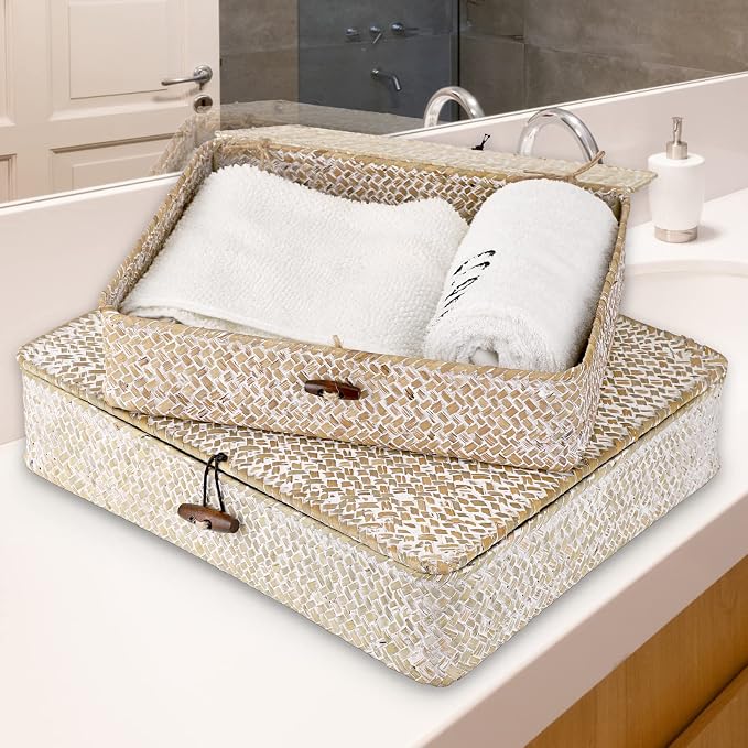 Hipiwe Set of 2 Flat Woven Wicker Storage Bins with Lid Natural Seagrass Basket Boxes Multipurpose Home Organizer Bins Boxes for Shelf Organizer (Whitewash) - Image 3