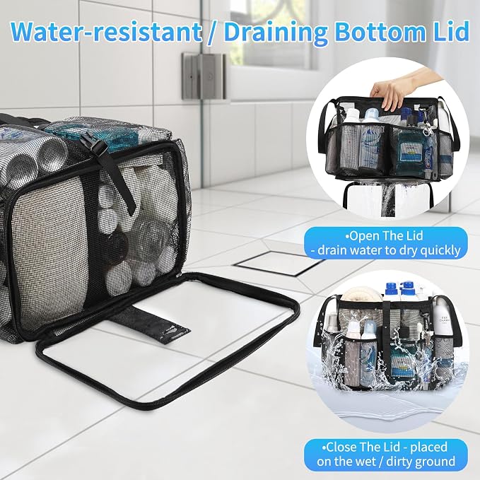 Mesh Shower Caddy Portable, Quick Dry Hanging Toiletry Bag for College Dorm Essentials with 4 Pockets/Divider/Plastic Bottom, Travel Tote Bag for Camping, Bathroom, Beach, Swimming, Gym - Image 6