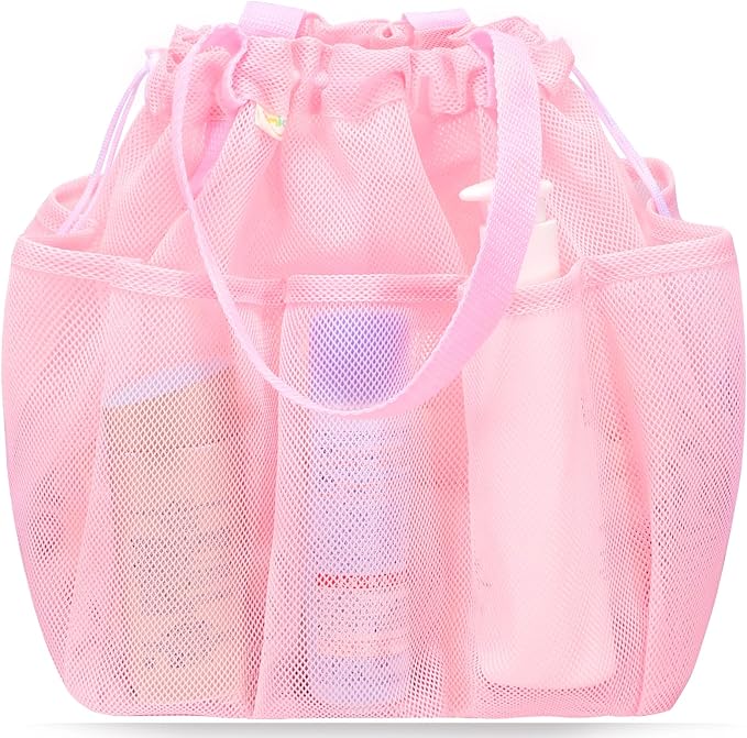 famichan Mesh Shower Caddy Portable with Drawstring, Dorm Room Essentials for College Students Girls, Large Shower Bag for Camping,Swimming,Gym,Travel,Bathroom - Pink by famichan