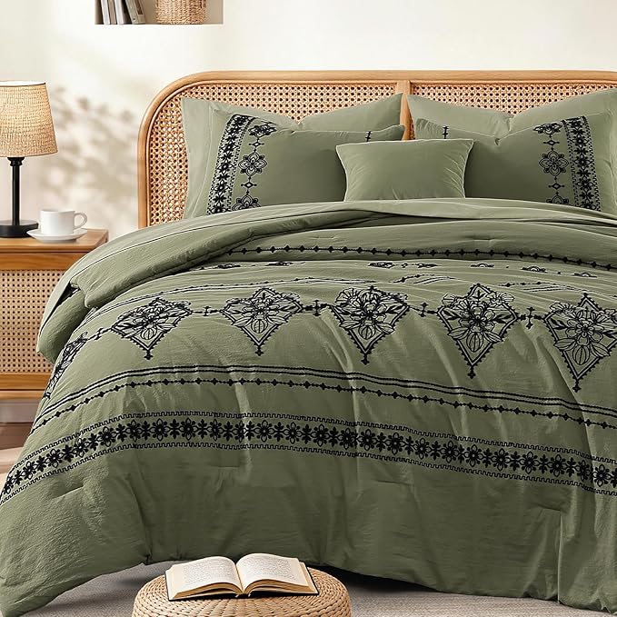 MaiRêve Full Size Comforter Set Olive Green, Embroidery Floral Western Boho Bedding Set, All Season 7 Pieces Bed in a Bag with Sheets, Pillowcases & Shams